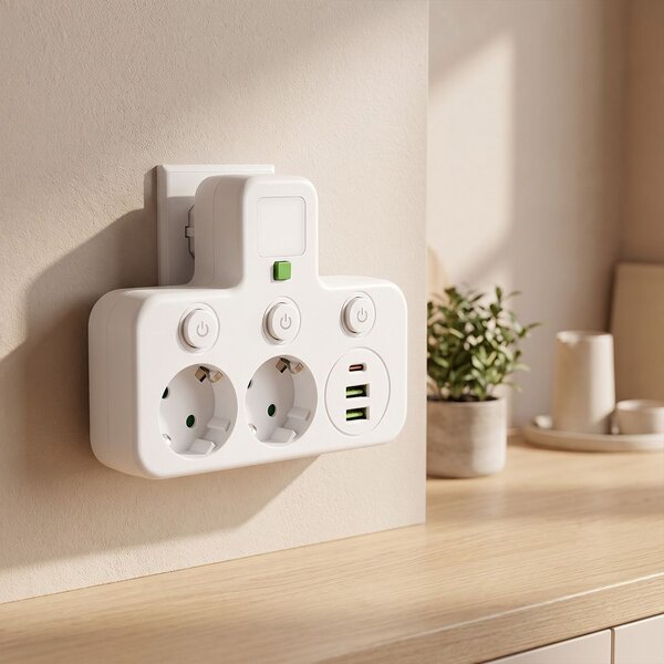 Toolight Toolight, JNH017, zásuvkový rozbočovač 2 zásuvky + 2× USB-A + USB-C s LED světlem, bílá, OSW-56309