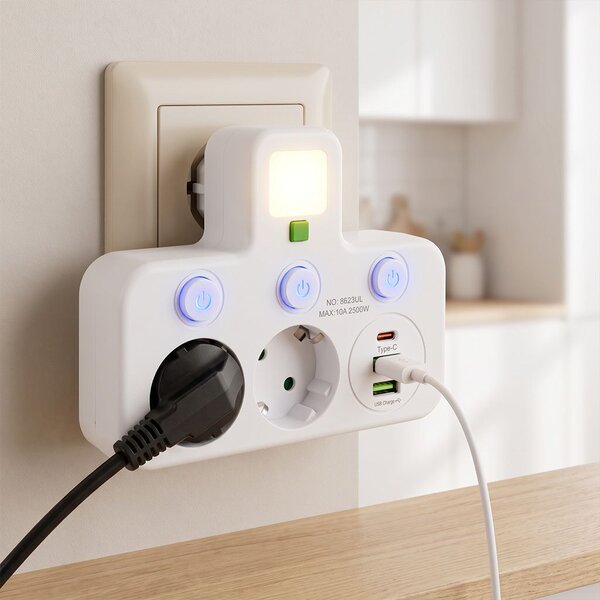 Toolight Toolight, JNH017, zásuvkový rozbočovač 2 zásuvky + 2× USB-A + USB-C s LED světlem, bílá, OSW-56309