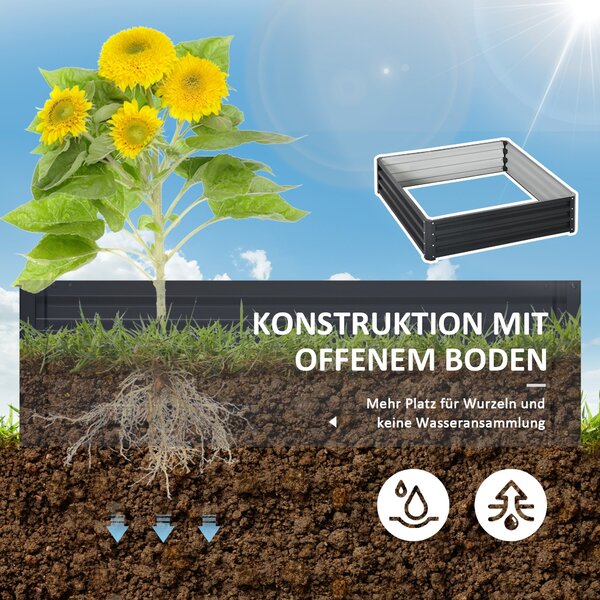 Vyvýšený záhon Outsunny, květinový box, zeleninový záhon, box na rostliny, bylinkový záhon do zahrady, na terasu, balkon, ocel, šedý, 120 x 120 x 30 c