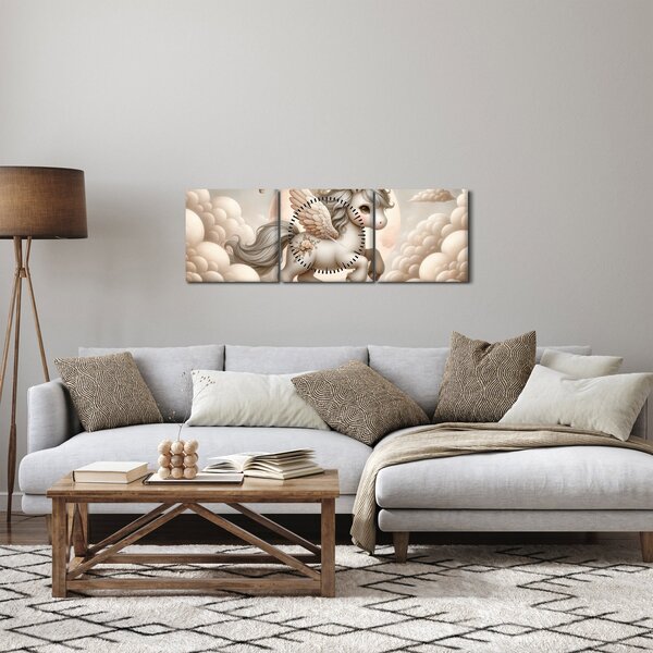 Obraz - Jednorožec v oblacích (s hodinami) (90x30 cm)