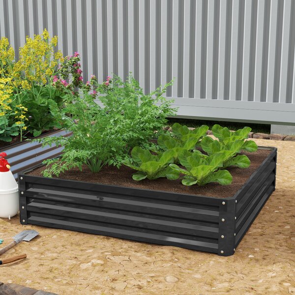 Vyvýšený záhon Outsunny, květinový box, zeleninový záhon, box na rostliny, bylinkový záhon do zahrady, na terasu, balkon, ocel, šedý, 120 x 120 x 30 c