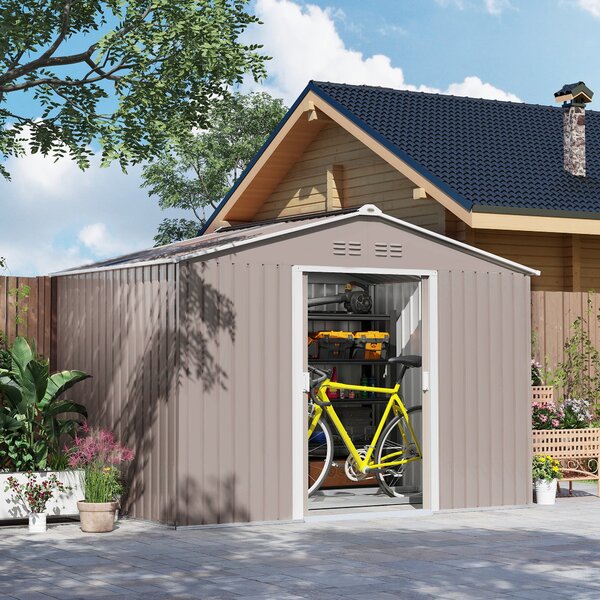 Outsunny Kůlna na Nářadí 4,9 m², Zahradní Kůlna s Pultovou Střechou, Posuvné Dveře, Základna, 277 x 195 x 192 cm, Kůlna z Pozinkované Oceli, Odolná pr