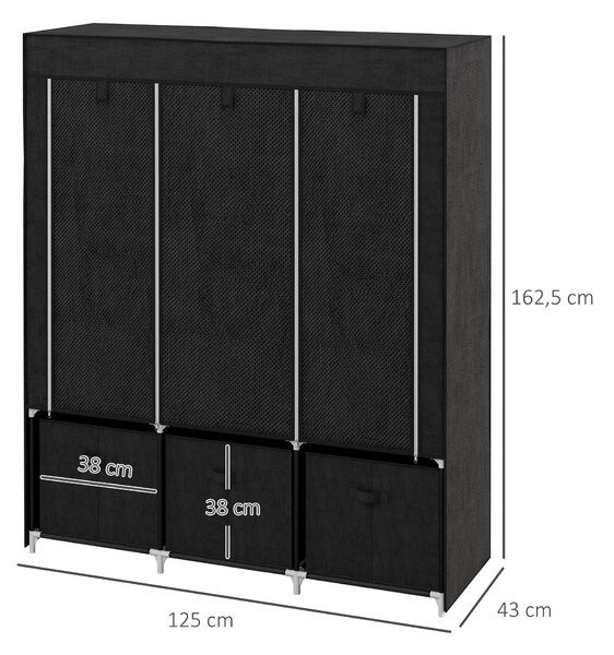 HOMCOM Textilní Skříň s Oblečovým Rálem, Zásuvkami a Zipem, Skládací Skříň pro Ložnici a Šatnu, 125 x 43 x 162,5 cm, Černá | Aosom