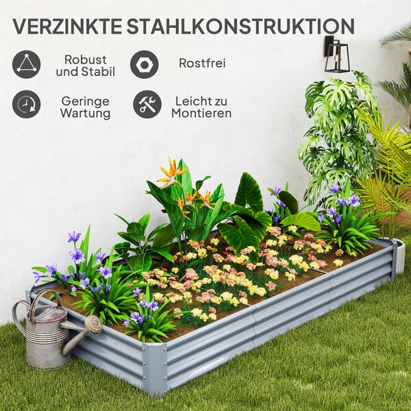 Zvýšený záhon Outsunny z oceli, odolný vůči povětrnostním vlivům, zahradní záhon s ochranným okrajem, bezrezidový květinový box 240 x 120 x 30 cm pro