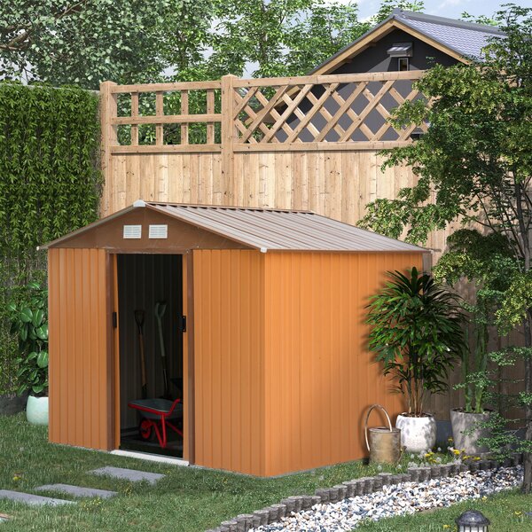 Outsunny zahradní království 4,9 m², zahradní domek s sedlovou střechou, posuvnými dveřmi a základem, 277 x 195 x 192 cm, zahradní nářaďovna vyrobená