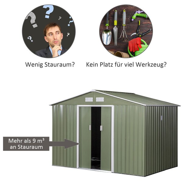 Outsunny Kůlna na nářadí 4,9 m², Zahradní domek s štítovou střechou, Posuvné dveře, Základna, 277 x 195 x 192 cm, Kůlna z pozinkované oceli, Odolná vů