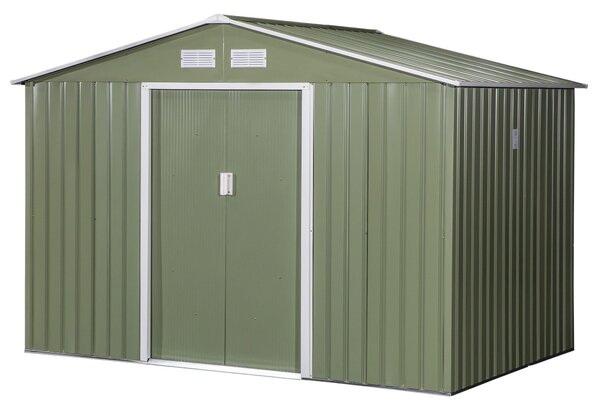 Outsunny Kůlna na nářadí 4,9 m², Zahradní domek s štítovou střechou, Posuvné dveře, Základna, 277 x 195 x 192 cm, Kůlna z pozinkované oceli, Odolná vů