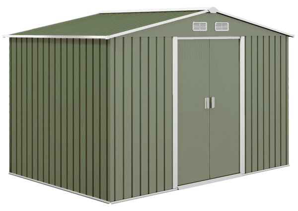 Outsunny Kůlna na nářadí 4,9 m², Zahradní domek s štítovou střechou, Posuvné dveře, Základna, 277 x 195 x 192 cm, Kůlna z pozinkované oceli, Odolná vů