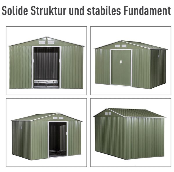 Outsunny Kůlna na nářadí 4,9 m², Zahradní domek s štítovou střechou, Posuvné dveře, Základna, 277 x 195 x 192 cm, Kůlna z pozinkované oceli, Odolná vů
