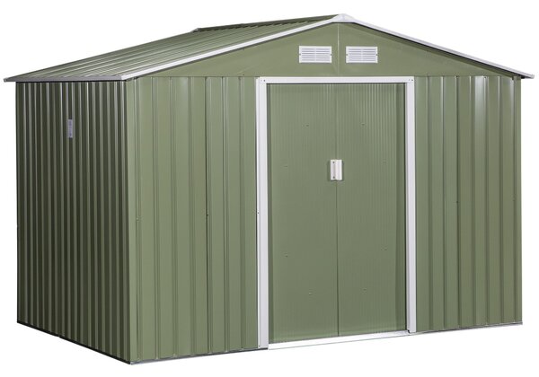 Outsunny Kůlna na nářadí 4,9 m², Zahradní domek s štítovou střechou, Posuvné dveře, Základna, 277 x 195 x 192 cm, Kůlna z pozinkované oceli, Odolná vů