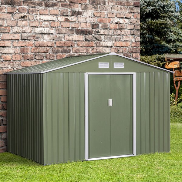 Outsunny Kůlna na nářadí 4,9 m², Zahradní domek s štítovou střechou, Posuvné dveře, Základna, 277 x 195 x 192 cm, Kůlna z pozinkované oceli, Odolná vů