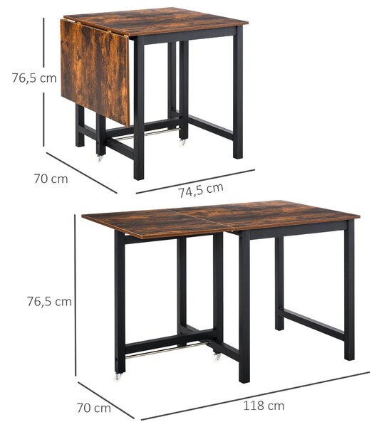 HOMCOM Rozkládací Skládací Jídelní Stůl Obdélníkový pro 4-6 Osob s Kolečky, Jídelní Stůl z Kovového Materiálu 118 x 70 x 76,5 cm Hnědý | Aosom