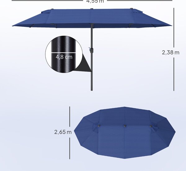Outsunny Dvojitý Slunečník 455 x 265 cm, Slunečník s UV Ochránou a Kličkou, Balkonový Slunečník, Plážový Slunečník, Odolný Slunečník pro Pláž, Balkon