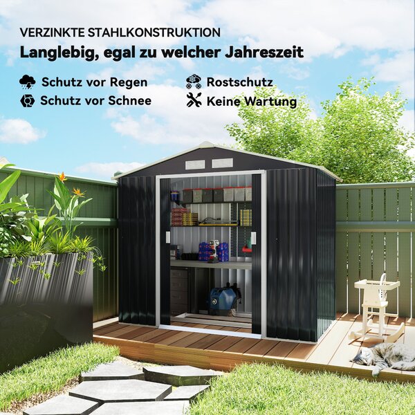 Zahradní domek Outsunny 2,42 m², zahradní domek s pultovou střechou, posuvné dveře, základna, 213 x 130 x 185 cm, zahradní kůlna z pozinkované oceli