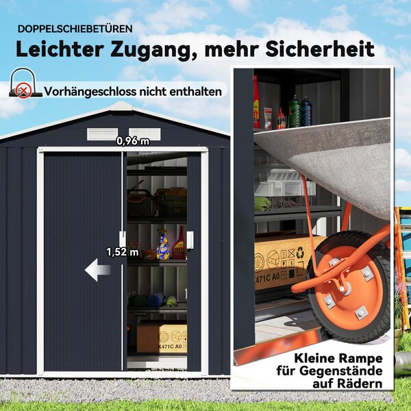 Zahradní domek Outsunny 2,42 m², zahradní domek s pultovou střechou, posuvné dveře, základna, 213 x 130 x 185 cm, zahradní kůlna z pozinkované oceli