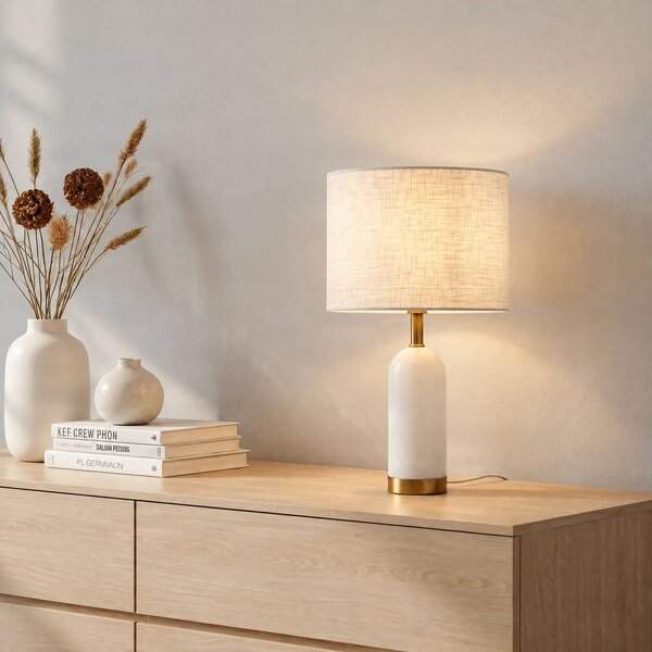 Lindby Stolní lampa alabastr, bílá/zlatá, Ø 30 cm, mramor, E27, Bílá / opál, Obývací pokoj / jídelna, Textil / tkanina / hedvábí, Skandinávský