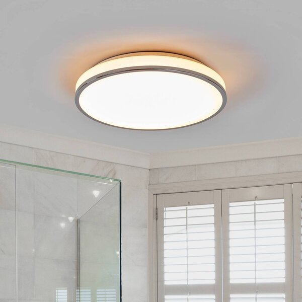 Lindby LED stropní svítidlo Lyss, Ø 40 cm, chromová barva, IP44, Bílá / opál, Koupelna, Sklo, Moderní