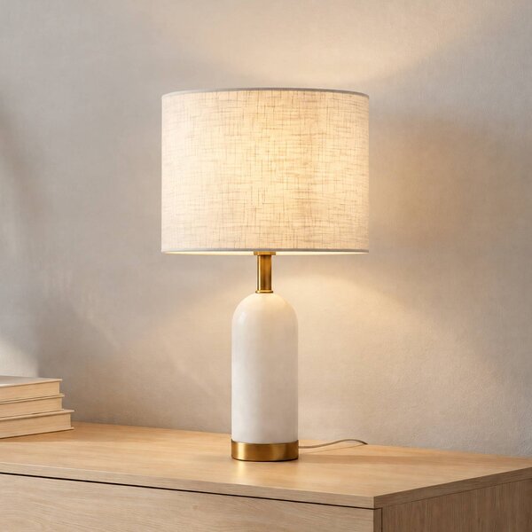 Lindby Stolní lampa alabastr, bílá/zlatá, Ø 30 cm, mramor, E27, Bílá / opál, Obývací pokoj / jídelna, Textil / tkanina / hedvábí, Skandinávský