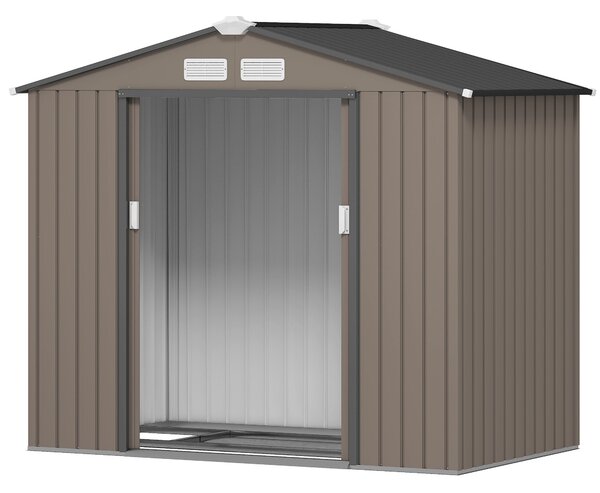 Outsunny kovový skladovací stánek 2,5 m² - Skladovací stánek s podložkou - Zámková vrata - Rozměry 213D x 130Š x 185V cm - Hnědý ocelový plech | Aosom