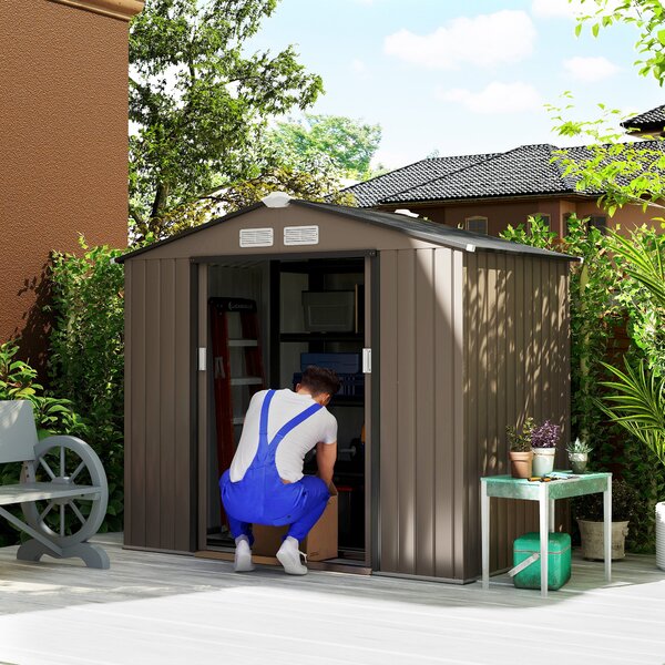 Outsunny kovový skladovací stánek 2,5 m² - Skladovací stánek s podložkou - Zámková vrata - Rozměry 213D x 130Š x 185V cm - Hnědý ocelový plech | Aosom