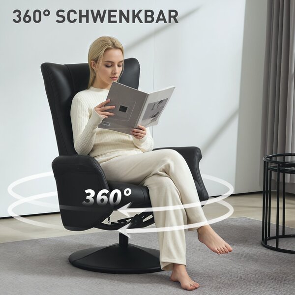 HOMCOM Relaxační křeslo s podnožkou - 360° otočné křeslo s funkcí sklopení, relaxační křeslo se sklopným opěradlem až do 150 kg nosnosti, umělá kůže