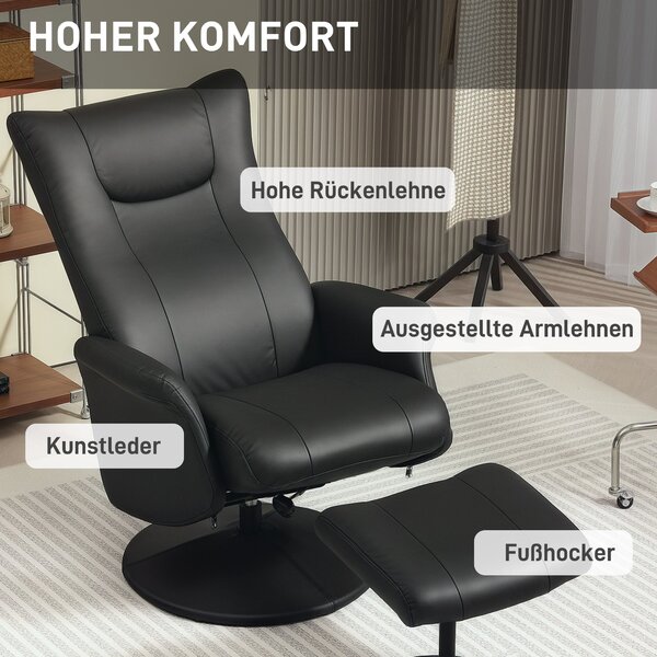 HOMCOM Relaxační křeslo s podnožkou - 360° otočné křeslo s funkcí sklopení, relaxační křeslo se sklopným opěradlem až do 150 kg nosnosti, umělá kůže