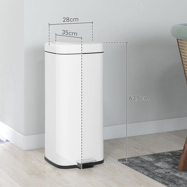 HOMCOM 30L Pedálový Koš na Odpady s Víkem, Koš na Kosmetiku, Odpadkový Koš s Vnitřním Košem, pro Obývací Pokoj a Kancelář, Kovový, 28cm x 35cm x 63.5c