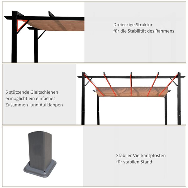 Outsunny Pergola s nastavitelnou plachtou 3 x 4 m, zahradní slunečník, hliníkový ochranný kryt na terasu, šedá+hnědá | Aosom