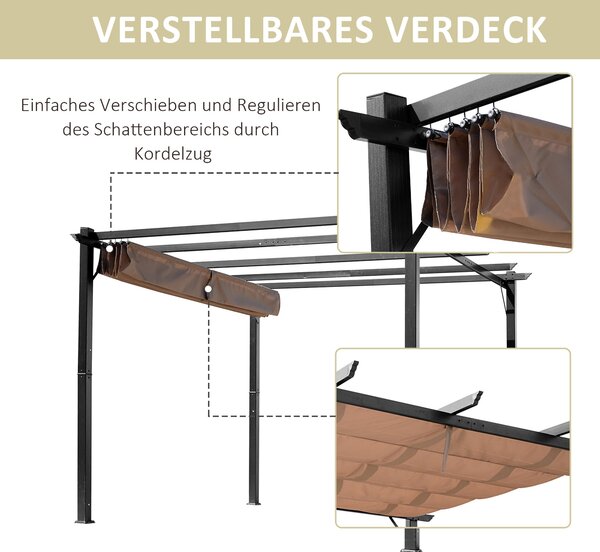Outsunny Pergola s nastavitelnou plachtou 3 x 4 m, zahradní slunečník, hliníkový ochranný kryt na terasu, šedá+hnědá | Aosom