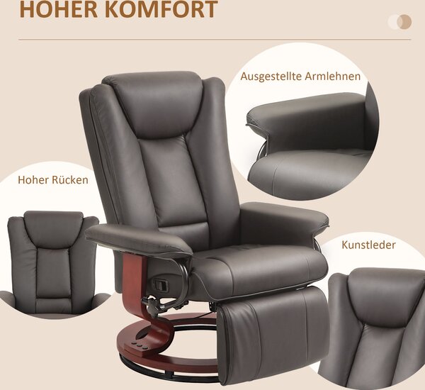 HOMCOM Polohovací Křeslo, TV Křeslo s polohovací funkcí, Otočné Polohovací TV Křeslo s nastavitelným opěradlem, nosnost až 150 kg, umělá kůže, hnědá |