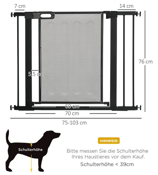PawHut Zabradlí pro psy, Ochrana schodů, Bezvrtací záchrana, Bariéra pro šířku 75-103 cm, Automatické zavírání, Pro děti a kočky, Ocel, Černá | Aosom
