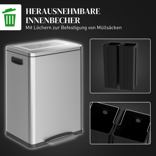 HOMCOM Koš na odpadky 40L s víkem a nožním pedálem, odpadkový koš s 2 vnitřními koši, funkce pomalého zavírání pro obývací pokoj, kancelář, nerezová o