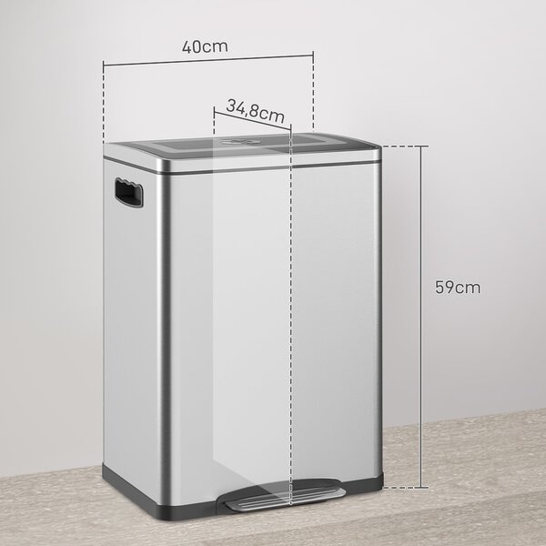 HOMCOM Koš na odpadky 40L s víkem a nožním pedálem, odpadkový koš s 2 vnitřními koši, funkce pomalého zavírání pro obývací pokoj, kancelář, nerezová o