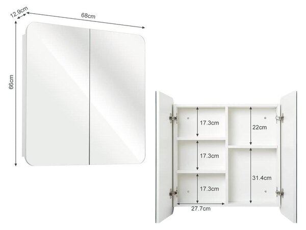 Koupelnová zrcadlová skříňka nástěnná - 2 zrcadlové dveře - Bílá - 68 x 13 x 66 cm - Pro make-up a toaletní potřeby