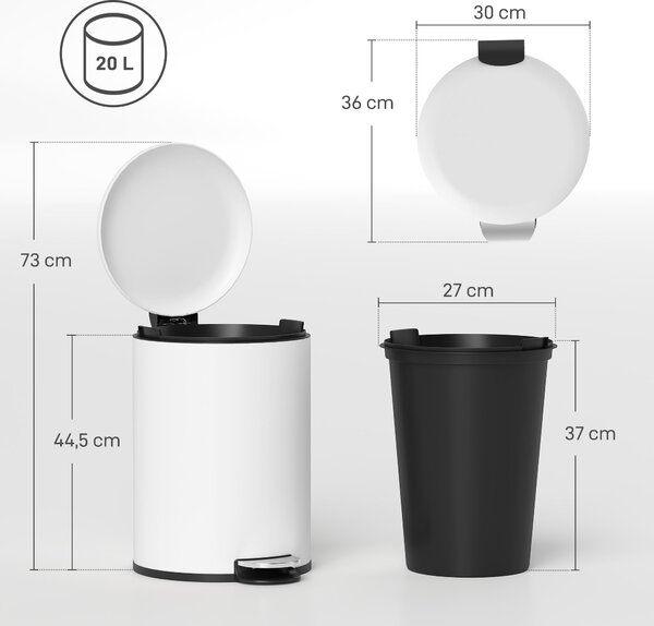 HOMCOM Odpadkový koš 20 L s pedálem a tichým zavíráním víka, odpadkový koš s vnitřním kbelíkem, pro obývací pokoj, kancelář, kov, krémově bílá, 36 x 3