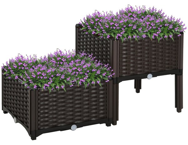 Vyvýšený záhon Outsunny, květináč s drenážními otvory, květinová box v ratanovém vzhledu, plast, hnědá, 40 x 40 x 44 cm | Aosom