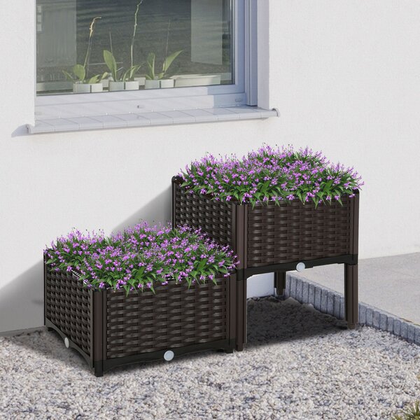 Vyvýšený záhon Outsunny, květináč s drenážními otvory, květinová box v ratanovém vzhledu, plast, hnědá, 40 x 40 x 44 cm | Aosom