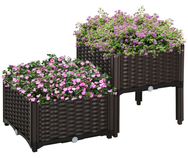 Vyvýšený záhon Outsunny, květináč s drenážními otvory, květinová box v ratanovém vzhledu, plast, hnědá, 40 x 40 x 44 cm | Aosom