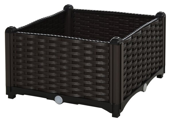 Vyvýšený záhon Outsunny, květináč s drenážními otvory, květinová box v ratanovém vzhledu, plast, hnědá, 40 x 40 x 44 cm | Aosom