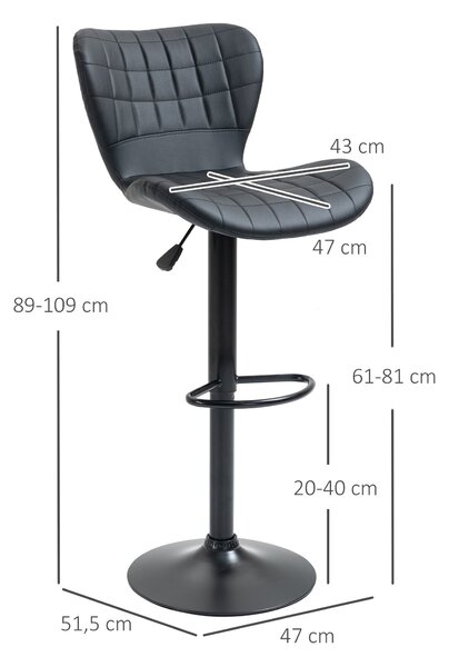 HOMCOM Barové Židle Set 2ks, Čalouněné Barové Křeslo s Kovovým Rámem, Opěradlo, Výškově Nastavitelné Kuchyňské Židle s Podnožkou, 360° Otáčení, Barová