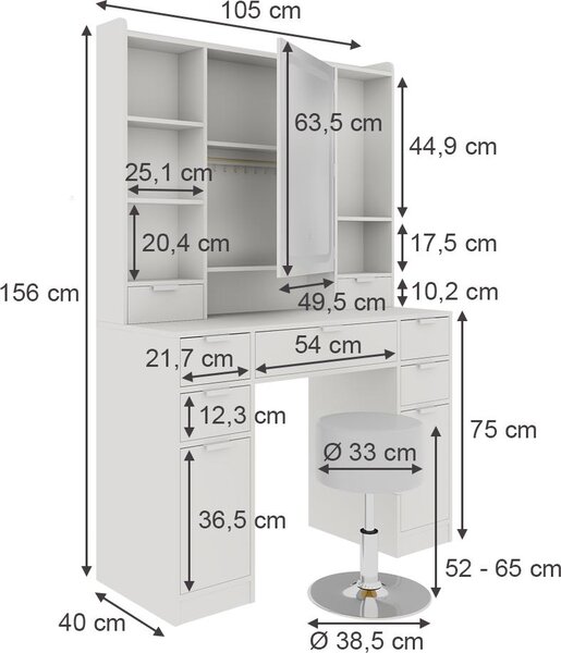 Toaletní stolek Vicco Solea Bílá 105 cm se zrcadlem LED a stoličkou, Model 55565