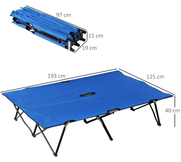 Outsunny Skládací Kempovací Postel pro 2 Osoby, Dvojitá Kempovací Postel s Nosností až 136 kg, Ocelový Oxford Modrá+Černá 193 x 125 x 40 cm | Aosom