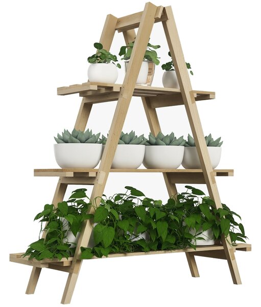 Outsunny Pyramidový skládací dřevěný květinový stojan - Dřevěný stojan na rostliny se 3 policemi - Rozměry 100D x 36Š x 112V cm - Světlé masivní smrk