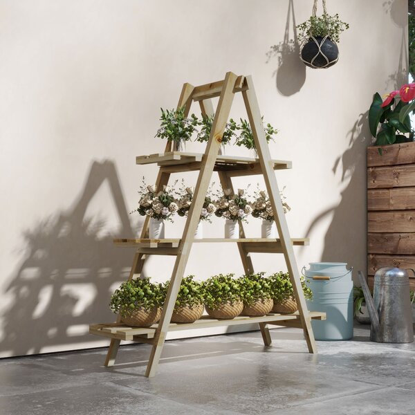 Outsunny Pyramidový skládací dřevěný květinový stojan - Dřevěný stojan na rostliny se 3 policemi - Rozměry 100D x 36Š x 112V cm - Světlé masivní smrk