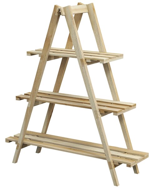 Outsunny Pyramidový skládací dřevěný květinový stojan - Dřevěný stojan na rostliny se 3 policemi - Rozměry 100D x 36Š x 112V cm - Světlé masivní smrk