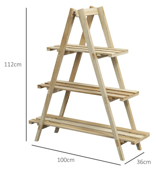 Outsunny Pyramidový skládací dřevěný květinový stojan - Dřevěný stojan na rostliny se 3 policemi - Rozměry 100D x 36Š x 112V cm - Světlé masivní smrk