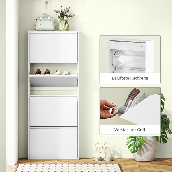 HOMCOM Kovový botník se 4 sklápěcími dvířky pro 8 párů bot 55 x 15 x 139,5 cm Bílý | Aosom