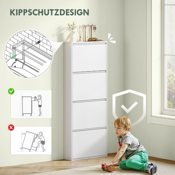 HOMCOM Kovový botník se 4 sklápěcími dvířky pro 8 párů bot 55 x 15 x 139,5 cm Bílý | Aosom