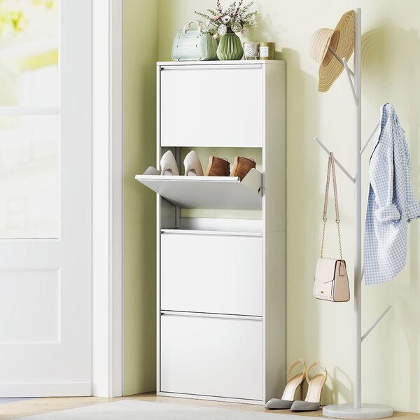 HOMCOM Kovový botník se 4 sklápěcími dvířky pro 8 párů bot 55 x 15 x 139,5 cm Bílý | Aosom