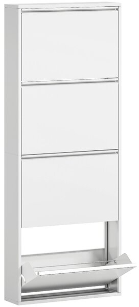 HOMCOM Kovový botník se 4 sklápěcími dvířky pro 8 párů bot 55 x 15 x 139,5 cm Bílý | Aosom